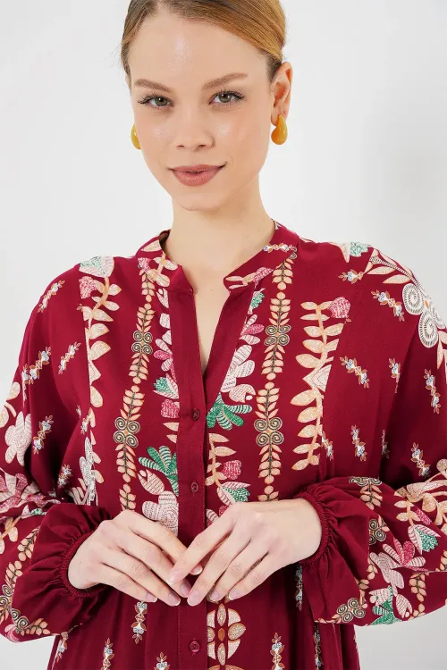 2423 Otantik Desenli Tesettür Elbise - H. Bordo