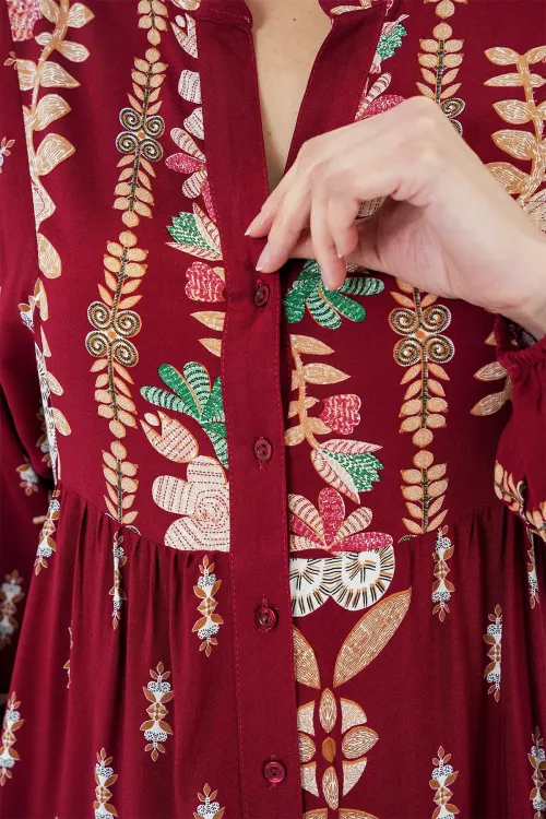 2423 Otantik Desenli Tesettür Elbise - H. Bordo