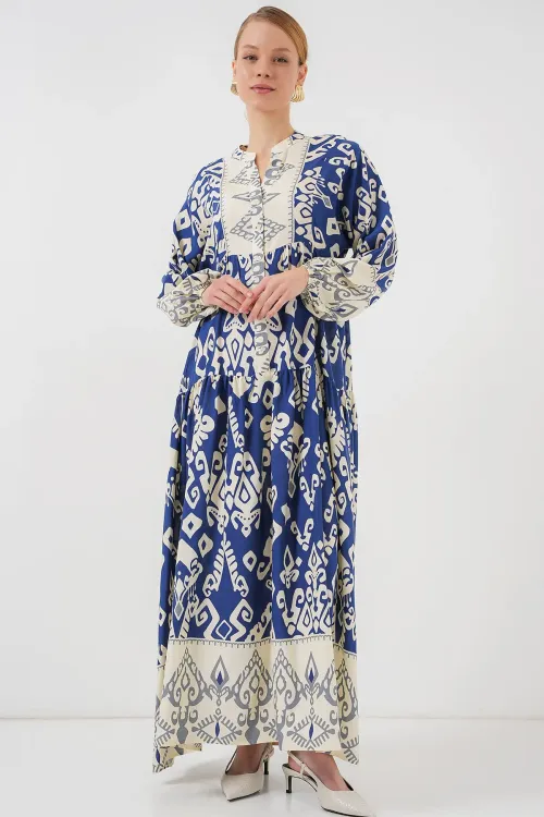 2423 Otantik Desenli Tesettür Elbise - İndigo 1