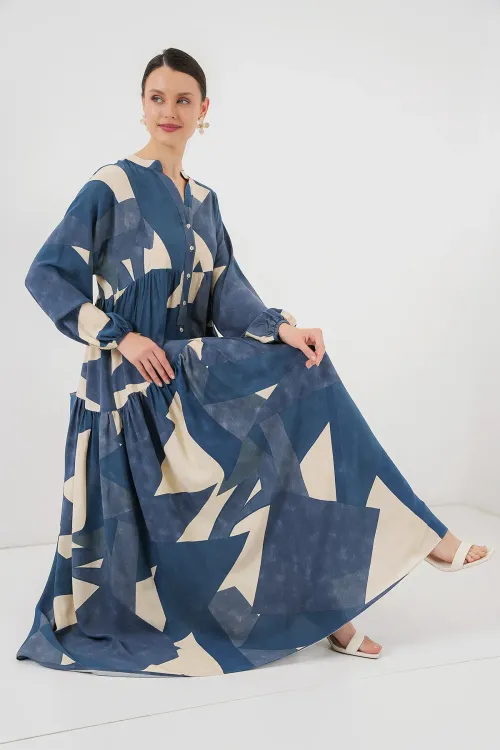 2423 Otantik Desenli Tesettür Elbise - K. İndigo