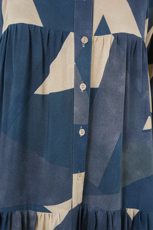 2423 Otantik Desenli Tesettür Elbise - K. İndigo