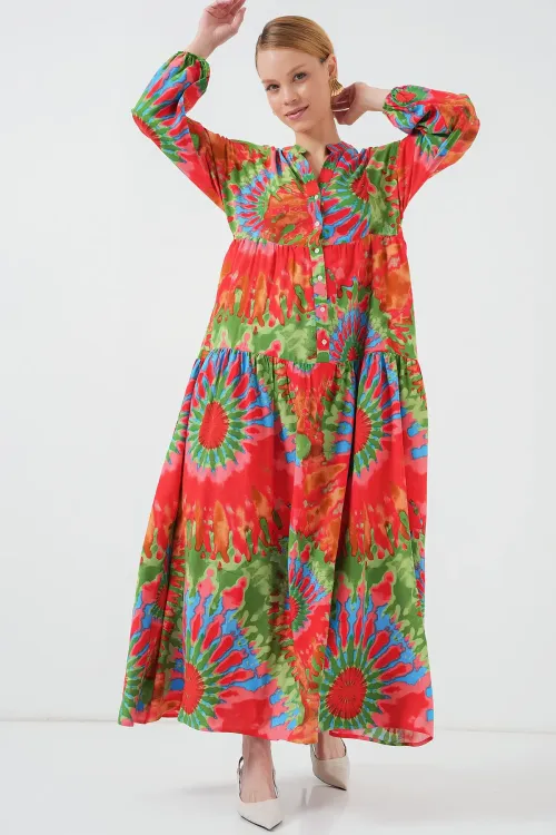 2423 Otantik Desenli Tesettür Elbise - L. Kırmızı