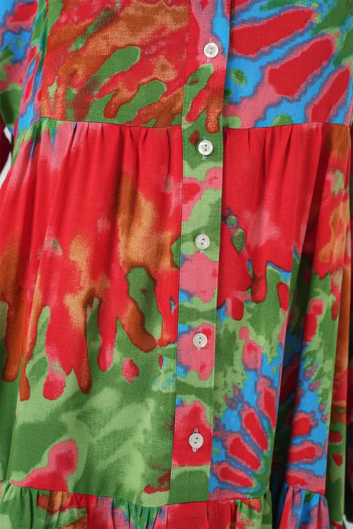 2423 Otantik Desenli Tesettür Elbise - L. Kırmızı