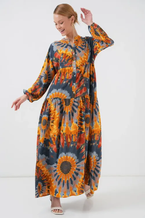 2423 Otantik Desenli Tesettür Elbise - L. Turuncu