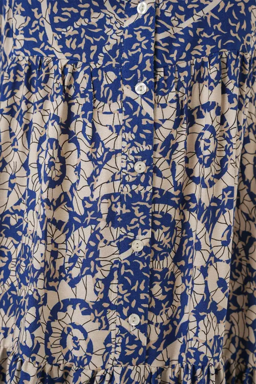 2423 Otantik Desenli Tesettür Elbise - Lacivert 7