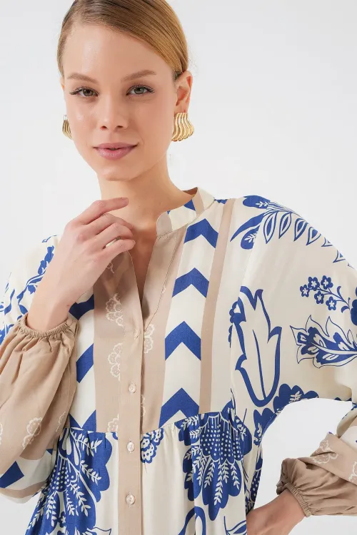 2423 Otantik Desenli Tesettür Elbise - Lacivert 8