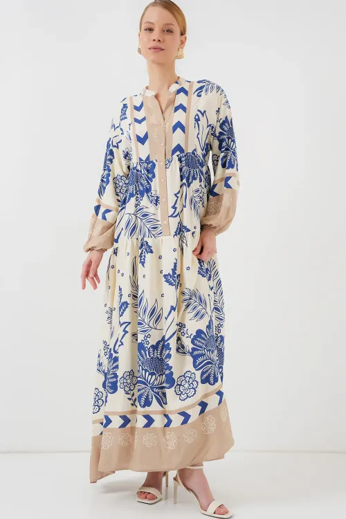 2423 Otantik Desenli Tesettür Elbise - Lacivert 8