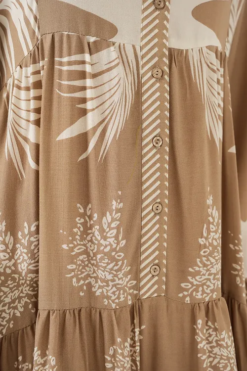 2423 Otantik Desenli Tesettür Elbise - M. Camel