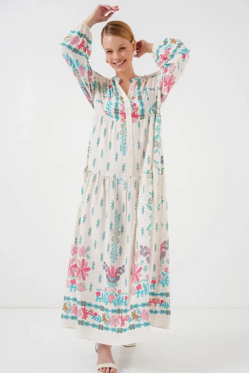 2423 Otantik Desenli Tesettür Elbise - M. Mavi