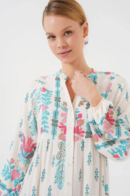 2423 Otantik Desenli Tesettür Elbise - M. Mavi