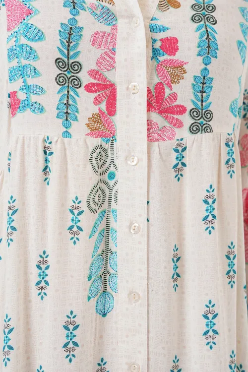 2423 Otantik Desenli Tesettür Elbise - M. Mavi