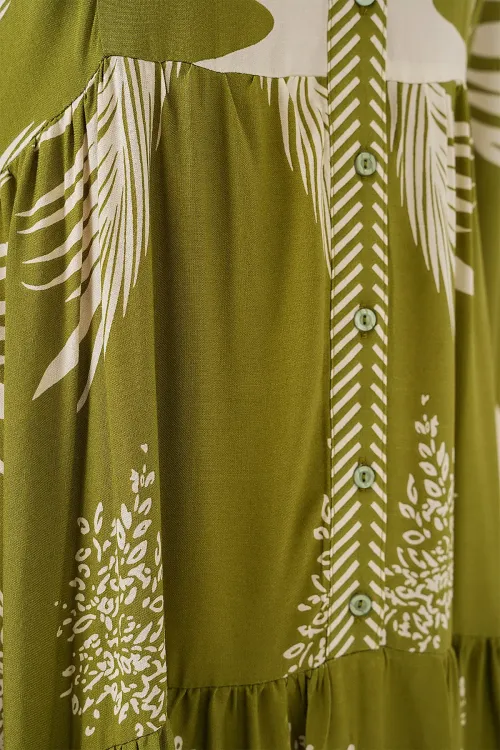 2423 Otantik Desenli Tesettür Elbise - Mint Yeşili