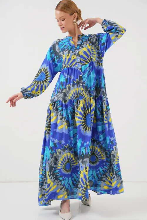 2423 Otantik Desenli Tesettür Elbise - N. Saks