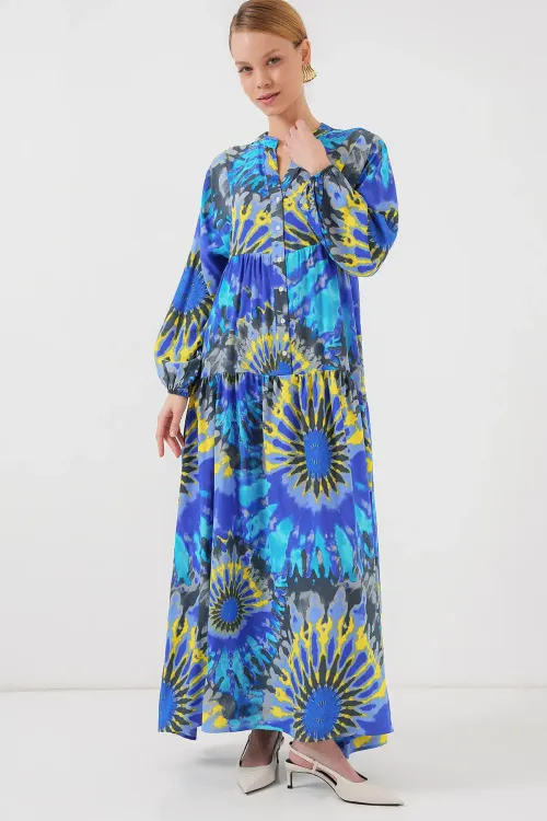 2423 Otantik Desenli Tesettür Elbise - N. Saks