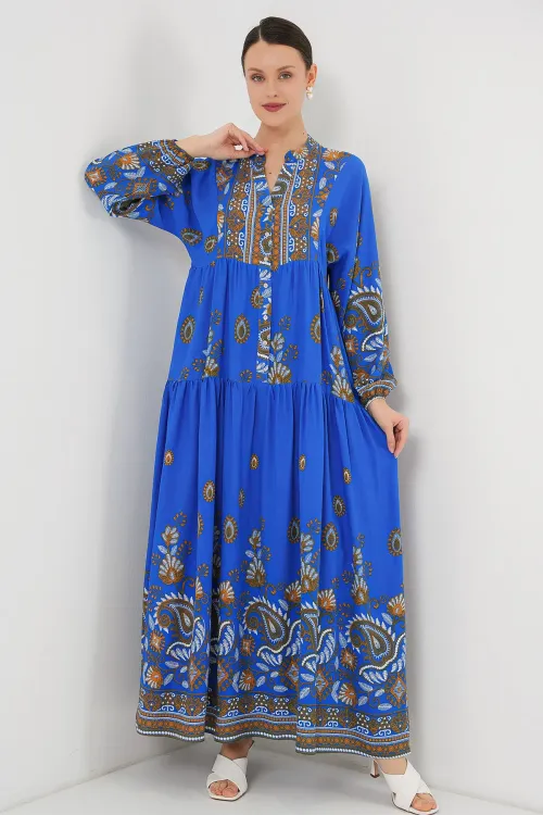 2423 Otantik Desenli Tesettür Elbise - Saks 1