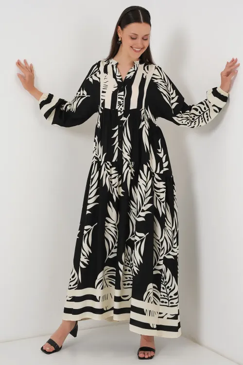 2423 Otantik Desenli Tesettür Elbise - Siyah 12