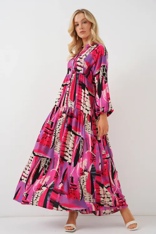 2423 Otantik Desenli Tesettür Elbise - Siyah - Mor