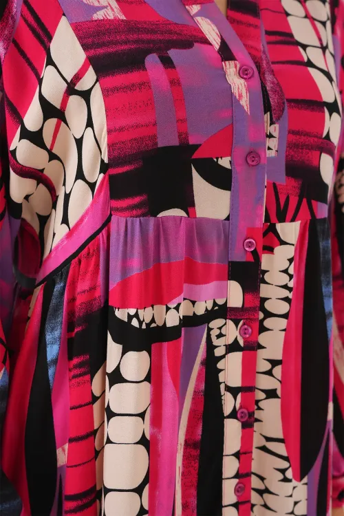 2423 Otantik Desenli Tesettür Elbise - Siyah - Mor