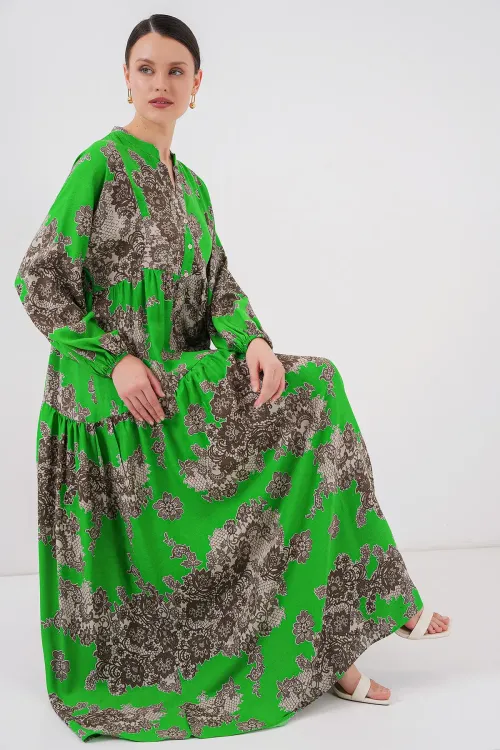 2423 Otantik Desenli Tesettür Elbise - Siyah - Yeşil
