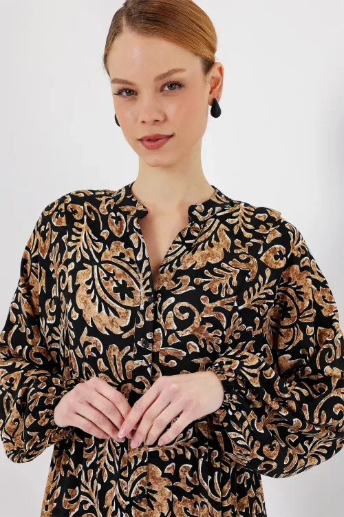 2423 Otantik Desenli Tesettür Elbise - Siyah10