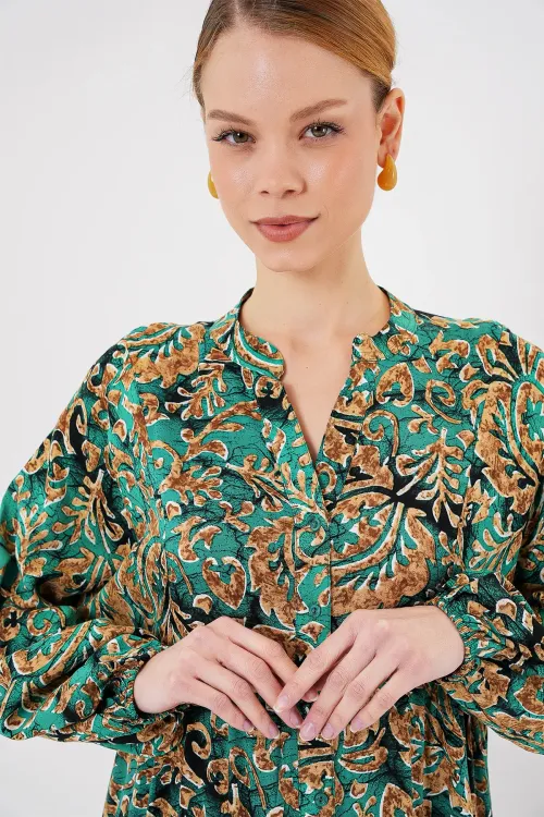 2423 Otantik Desenli Tesettür Elbise - Y. Su Yeşili