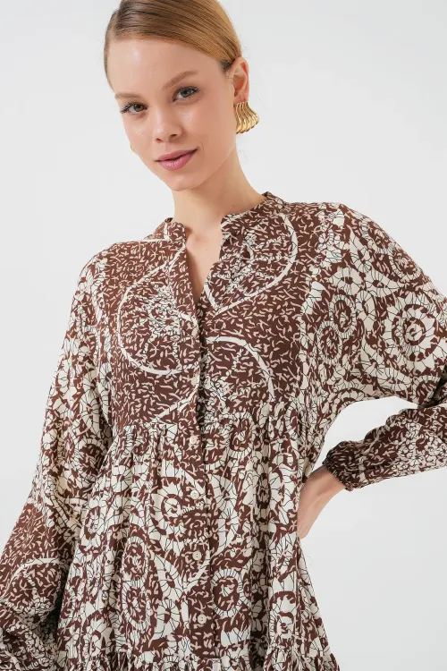 2423 Otantik Desenli Tesettür Elbise - Y.Kahve