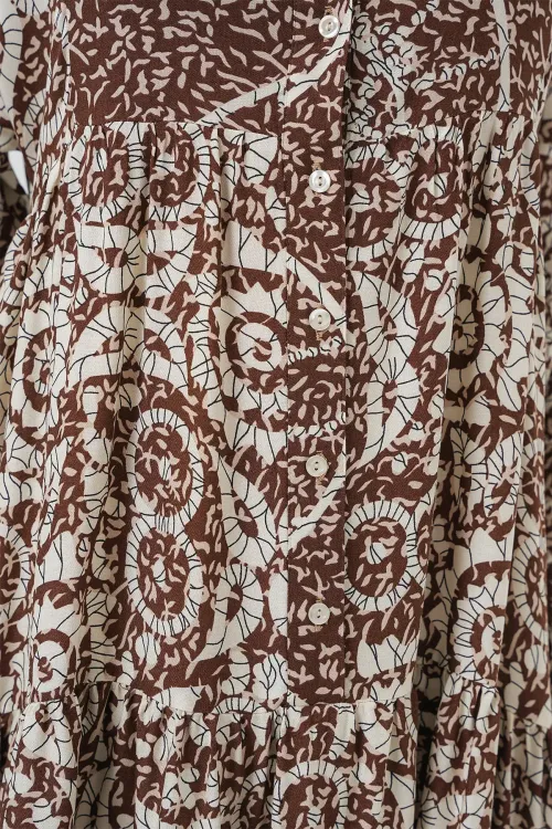 2423 Otantik Desenli Tesettür Elbise - Y.Kahve