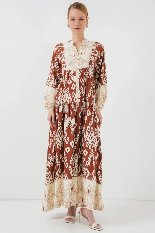 2423 Otantik Desenli Tesettür Elbise - Y.Kiremit