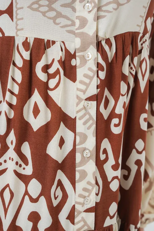 2423 Otantik Desenli Tesettür Elbise - Y.Kiremit