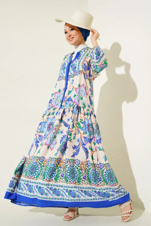 2423 Otantik Desenli Tesettür Elbise - Y.Lacivert