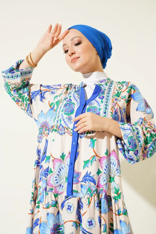 2423 Otantik Desenli Tesettür Elbise - Y.Lacivert