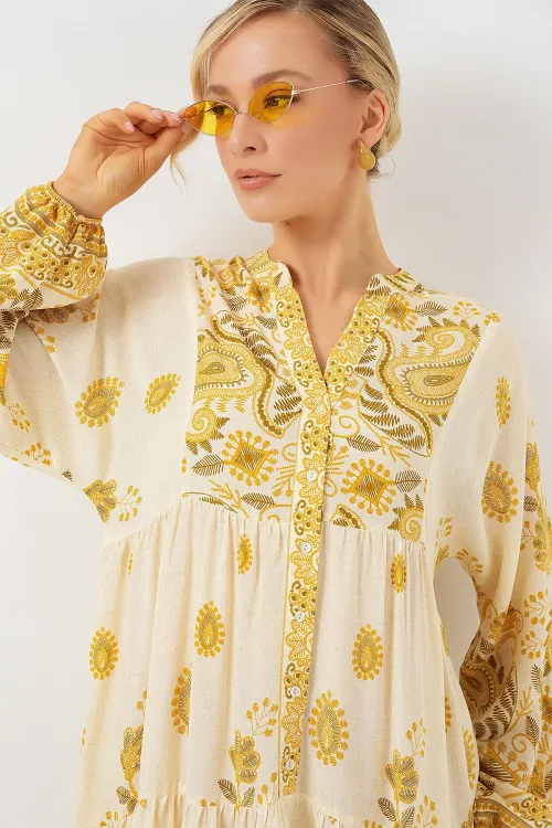 2423 Otantik Desenli Tesettür Elbise - Y.Sarı