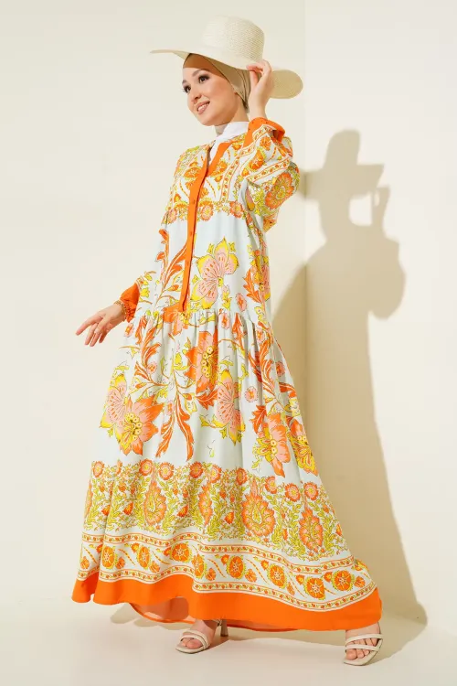 2423 Otantik Desenli Tesettür Elbise - Y.Turuncu