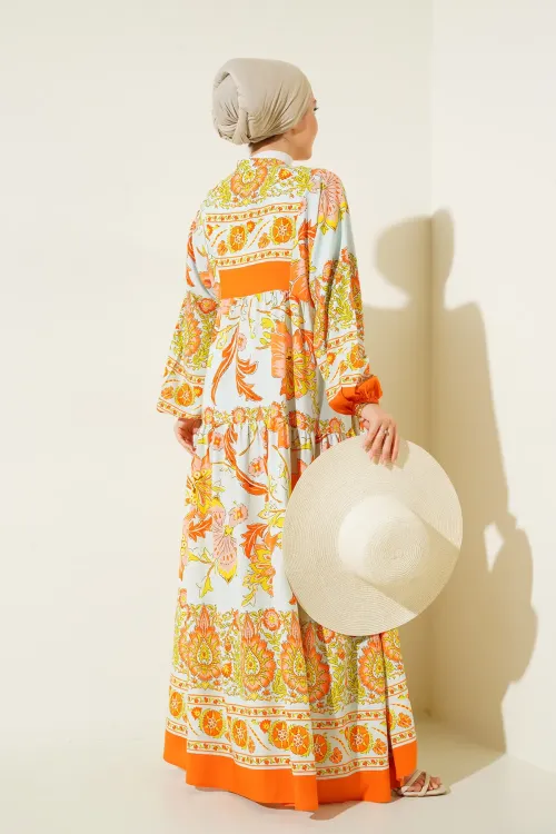 2423 Otantik Desenli Tesettür Elbise - Y.Turuncu