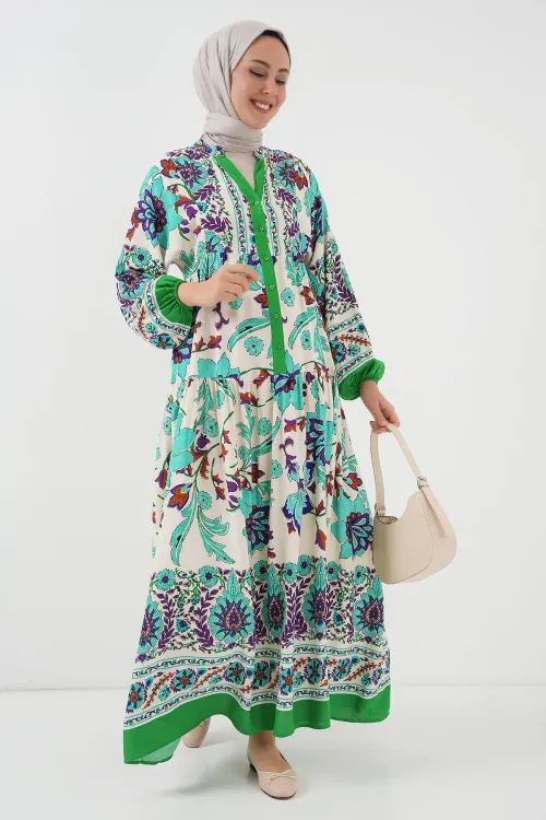 2423 Otantik Desenli Tesettür Elbise - Yeşil 1
