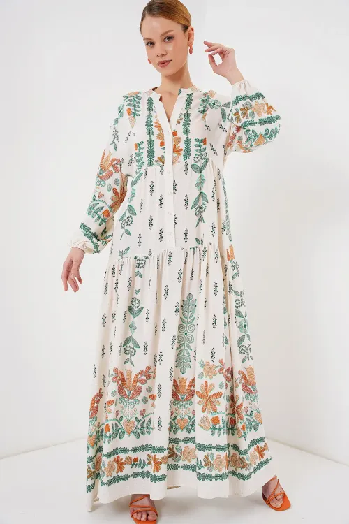 2423 Otantik Desenli Tesettür Elbise - Yeşil 10