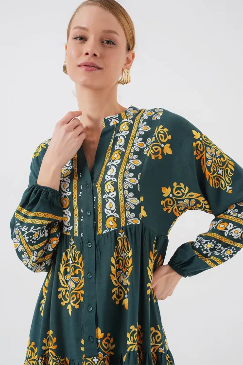 2423 Otantik Desenli Tesettür Elbise - Yeşil 7