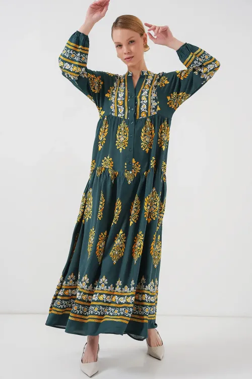 2423 Otantik Desenli Tesettür Elbise - Yeşil 7