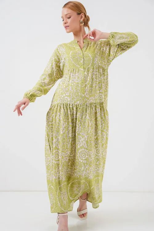 2423 Otantik Desenli Tesettür Elbise - Yeşil 8