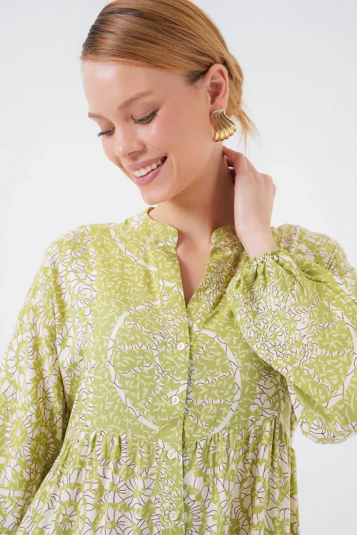 2423 Otantik Desenli Tesettür Elbise - Yeşil 8