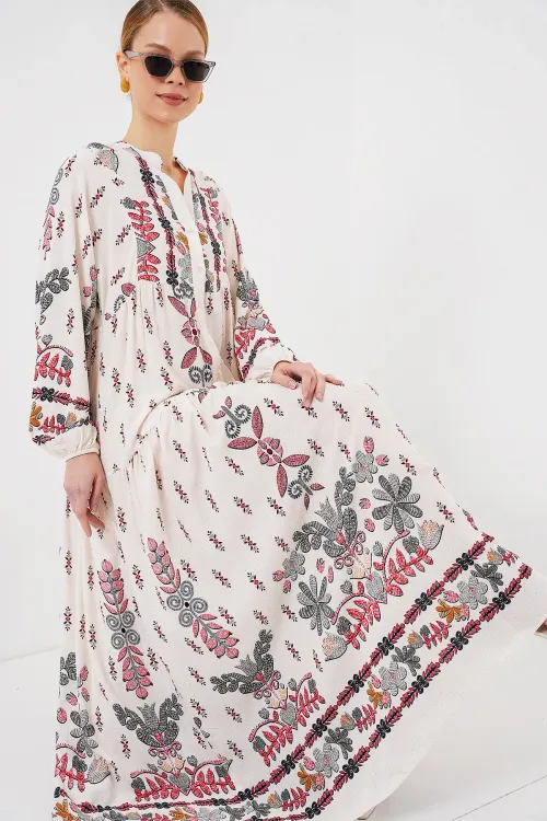 2423 Otantik Desenli Tesettür Elbise - Z. Kırmızı