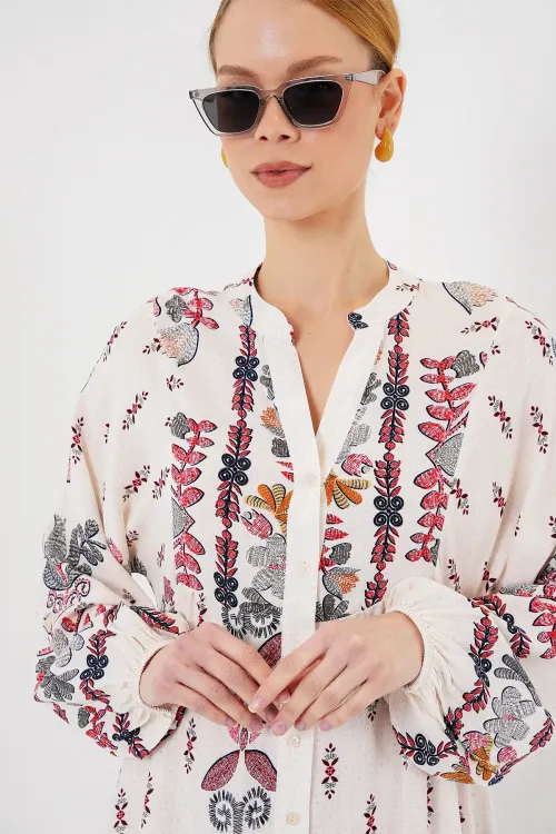 2423 Otantik Desenli Tesettür Elbise - Z. Kırmızı