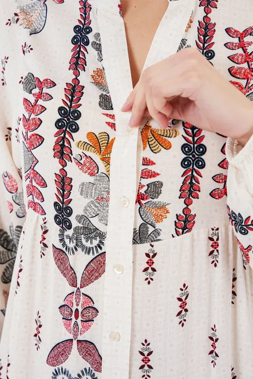 2423 Otantik Desenli Tesettür Elbise - Z. Kırmızı