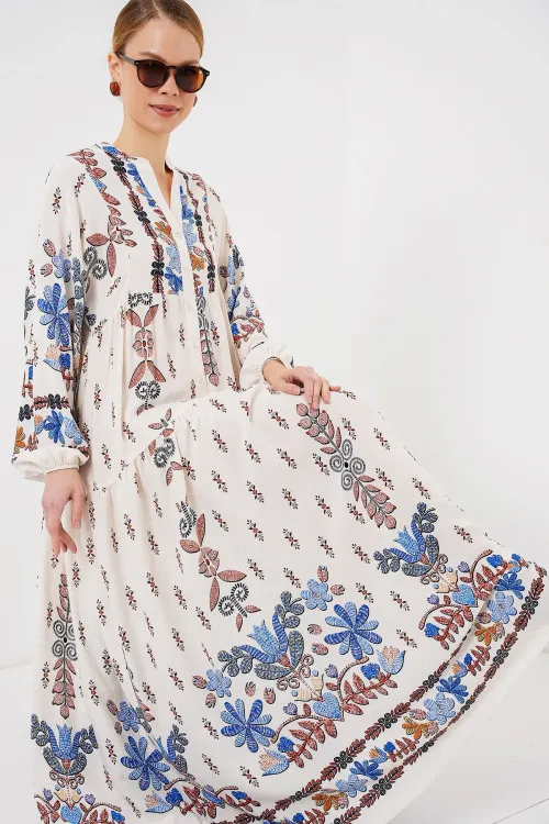 2423 Otantik Desenli Tesettür Elbise - Z. Mavi