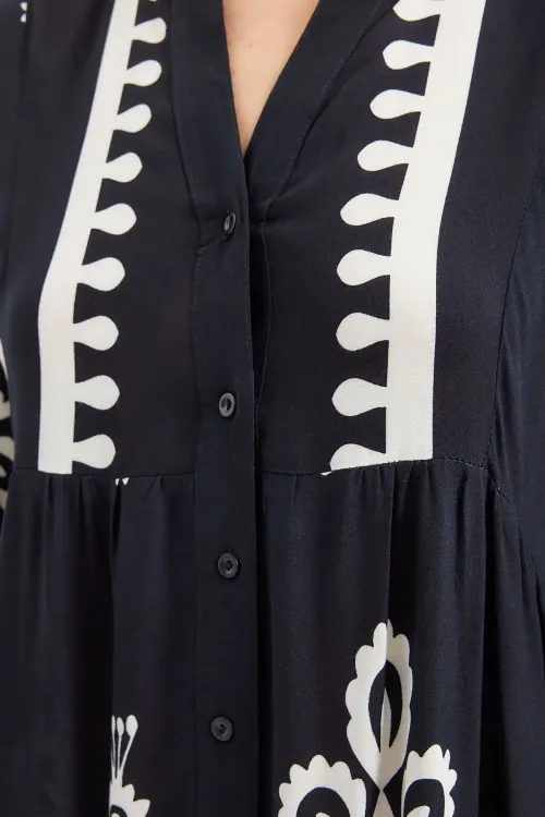 2423 Otantik Desenli Tesettür Elbise - Z.Siyah