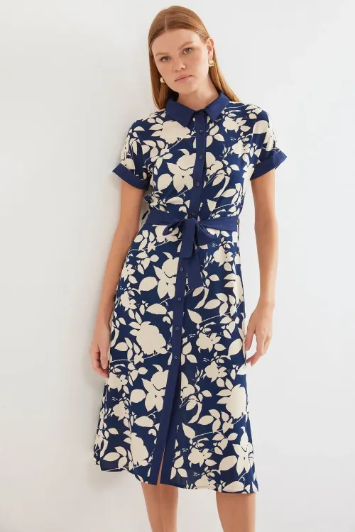 2455 Desenli Gömlek Elbise - Lacivert