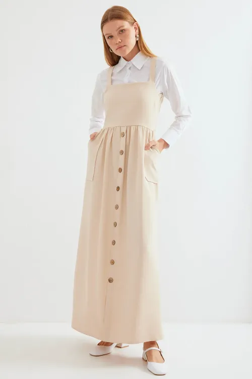 2490 Uzun Salopet Elbise - Krem
