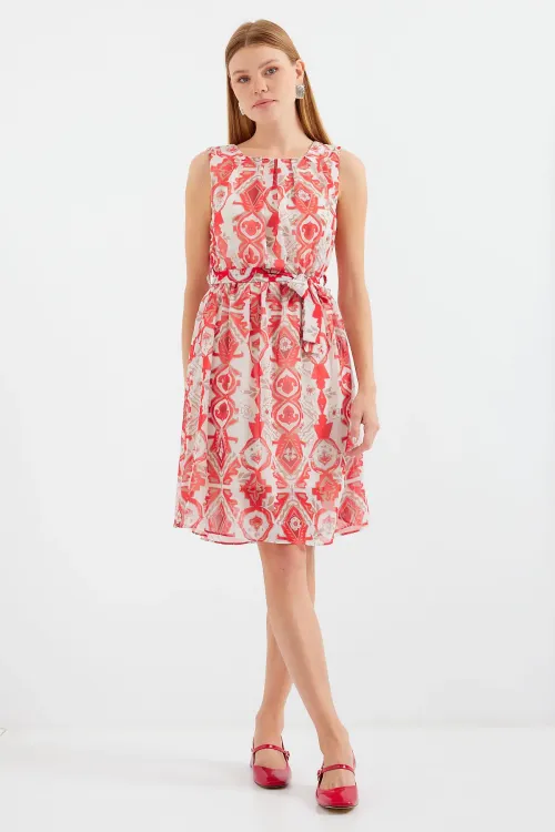 2501 Desenli Sıfır Kol Şifon Elbise - Kırmızı