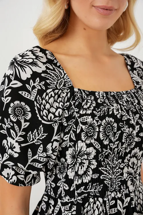 2512 Desenli Yırtmaçlı Elbise - D. Siyah