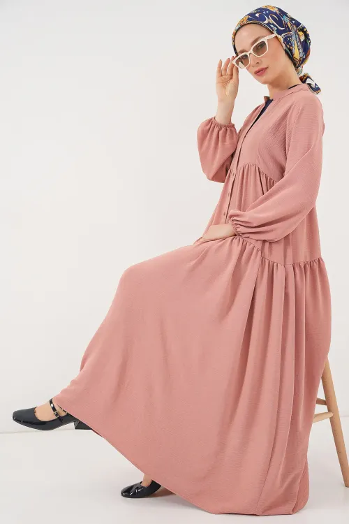2527 Kadın Uzun Tesettür Elbise - Somon